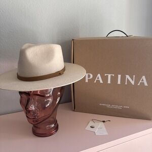 Patina Lark Handcrafted Wool Cream Fedora w Modern Brown Leather Band Size Small
